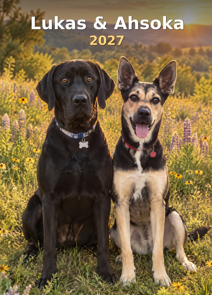 Calendar cover: Lukas and Ahsoka sitting in a sunny wildflower meadow, titled Lukas & Ahsoka 2027