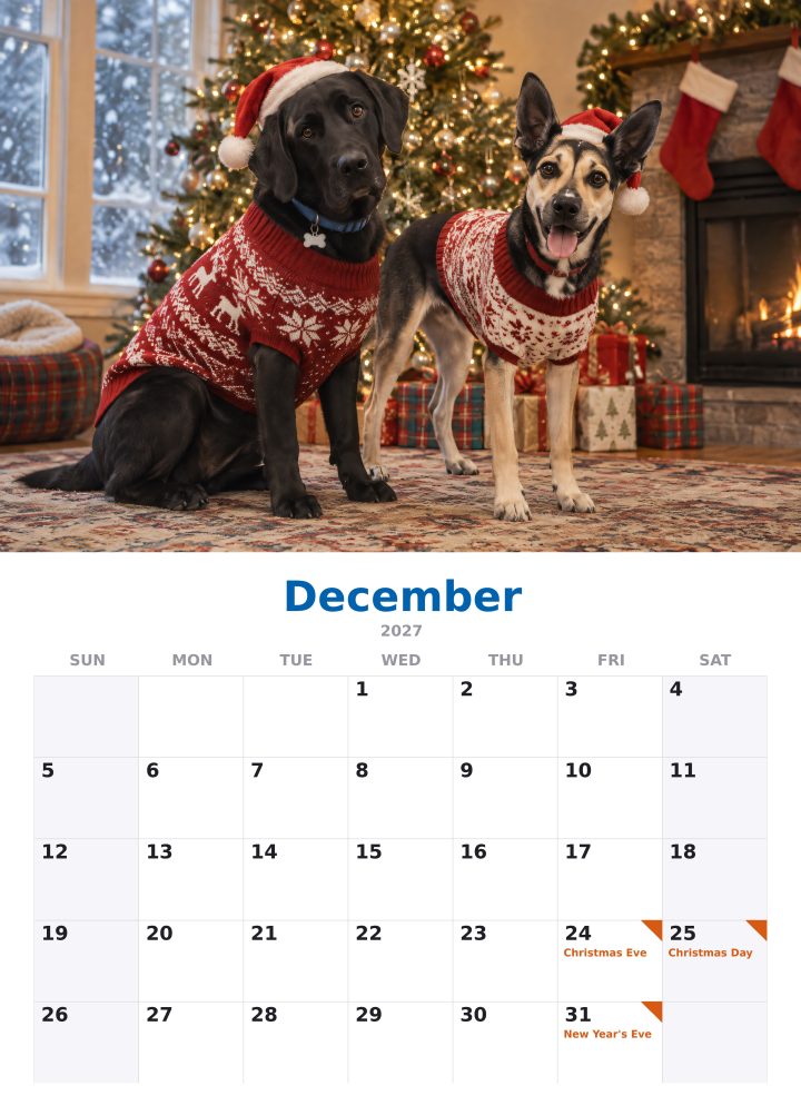 December: by the Christmas tree page of the 2027 calendar, with the month’s dates below