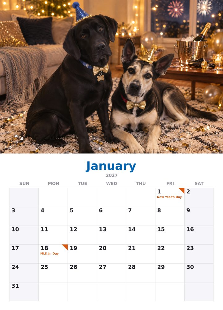 January: New Year’s party page of the 2027 calendar, with the month’s dates below